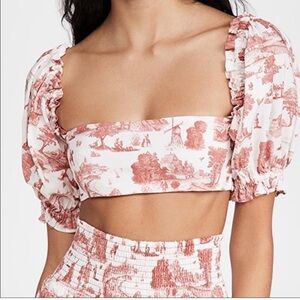 We Wore What Coco Cropped Puff Sleeve Red/White Printed Bandeau Top Medium M